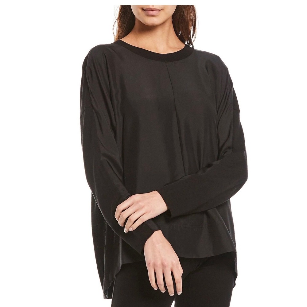 Eileen Fisher Petite Black Silk Front Mixed Media Knit Top PM